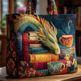 Dragon Reading Books & Mugs Quilted Tote Bag
