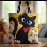 Black Cat with Daisies Quilted Tote Bag