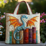Emerald Dragon, Guardian of Books Quilted Tote Bag