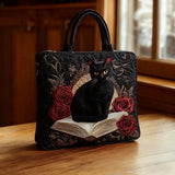 Black Cat & Books Quilted Tote Bag