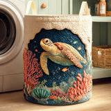 Coral Turtle Quilted Laundry Basket
