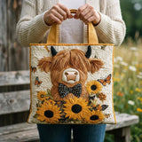 Highland Cow with Sunflowers Quilted Tote Bag